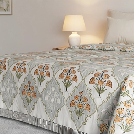 King Size Block Printed Percale Fine Cotton Bedspread with 2 Pillow Cases 200951