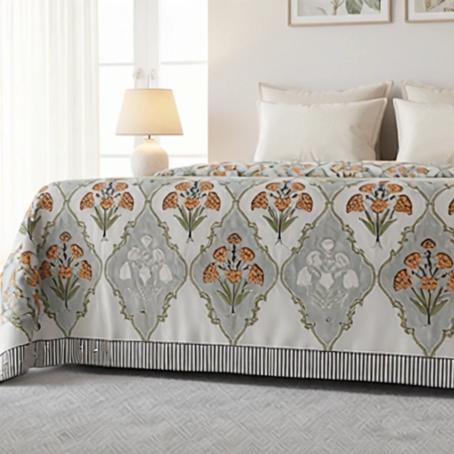 King Size Block Printed Percale Fine Cotton Bedspread with 2 Pillow Cases 200951
