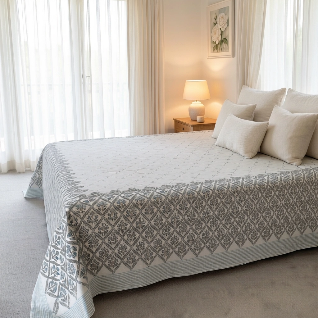 King Size Block Printed Percale Fine Cotton Bedspread with 2 Pillow Cases 200952