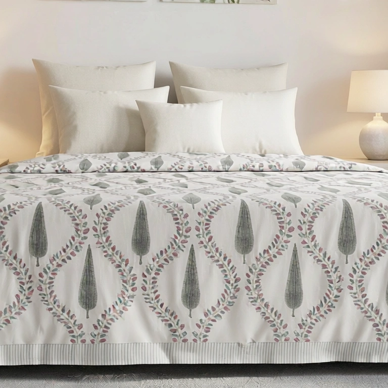 King Size Block Printed Percale Fine Cotton Bedspread with 2 Pillow Cases 200953