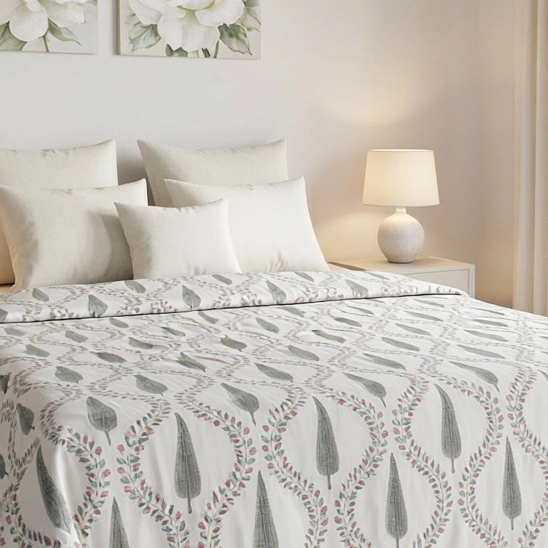 King Size Block Printed Percale Fine Cotton Bedspread with 2 Pillow Cases 200953