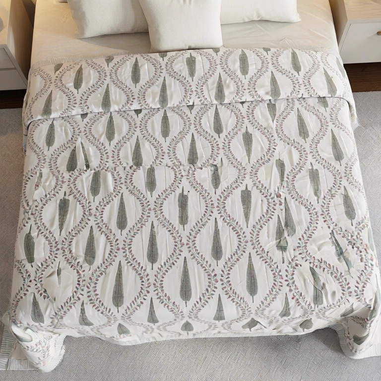 King Size Block Printed Percale Fine Cotton Bedspread with 2 Pillow Cases 200953