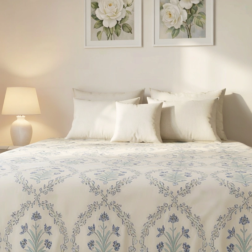 King Size Block Printed Percale Fine Cotton Bedspread with 2 Pillow Cases 200954