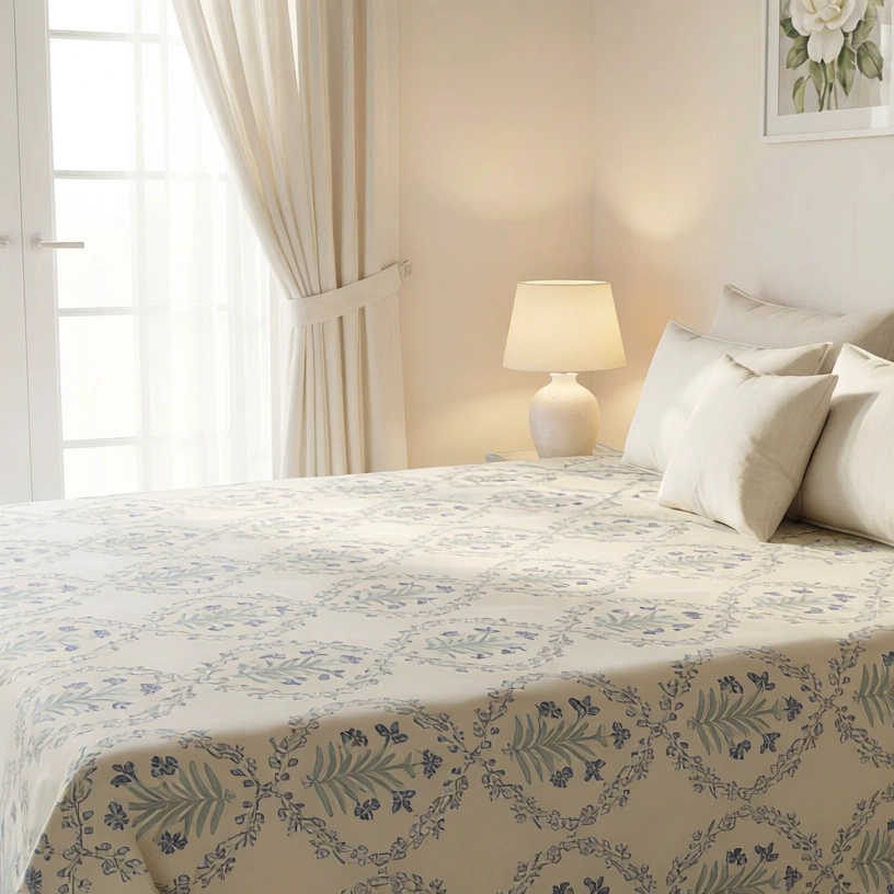 King Size Block Printed Percale Fine Cotton Bedspread with 2 Pillow Cases 200954
