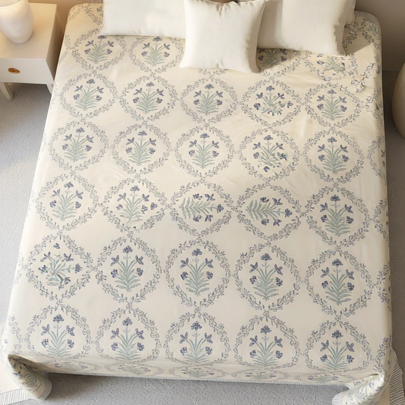 King Size Block Printed Percale Fine Cotton Bedspread with 2 Pillow Cases 200954