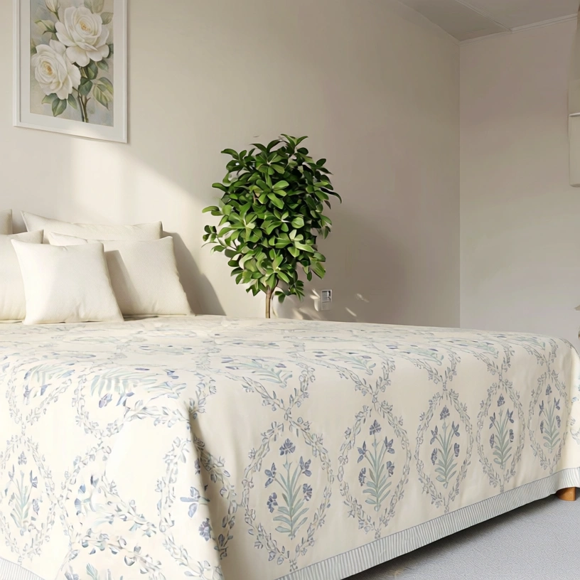 King Size Block Printed Percale Fine Cotton Bedspread with 2 Pillow Cases 200954