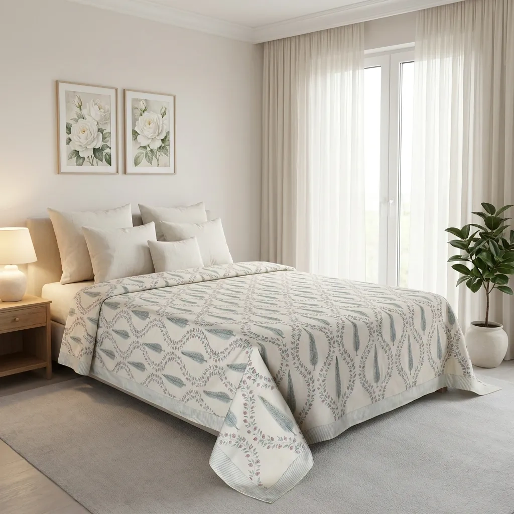King Size Block Printed Percale Fine Cotton Bedspread with 2 Pillow Cases   200955