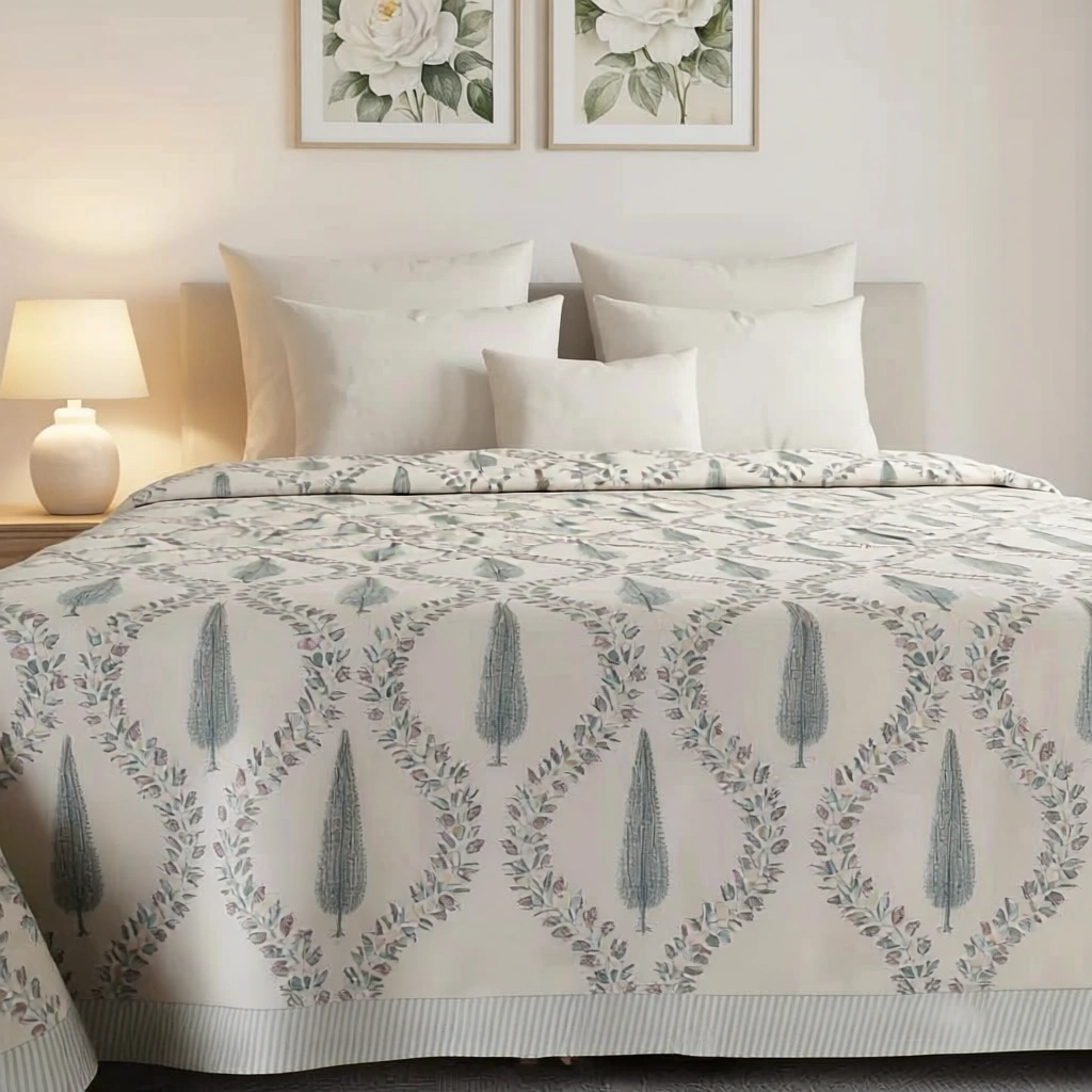 King Size Block Printed Percale Fine Cotton Bedspread with 2 Pillow Cases   200955