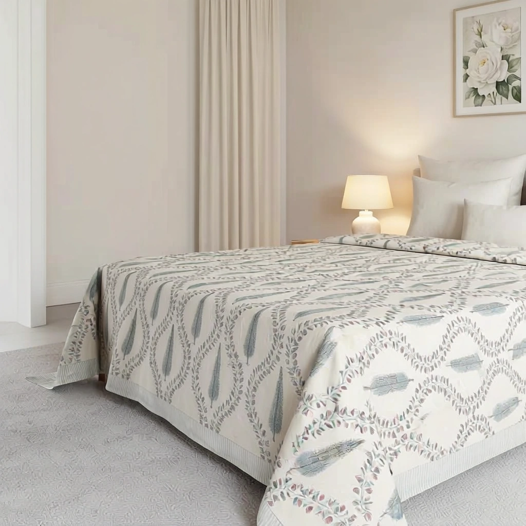 King Size Block Printed Percale Fine Cotton Bedspread with 2 Pillow Cases 200955