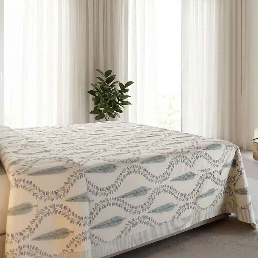 King Size Block Printed Percale Fine Cotton Bedspread with 2 Pillow Cases 200955