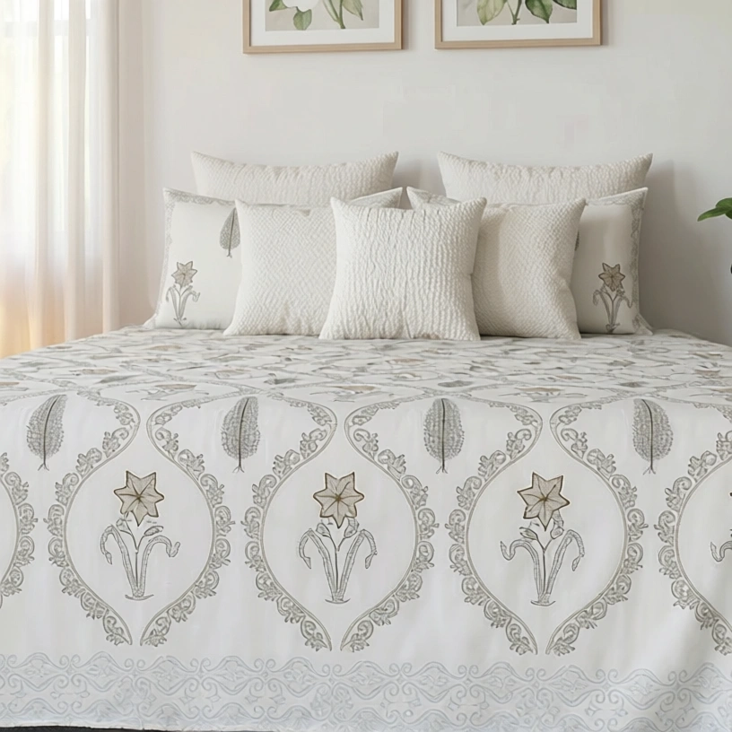 King Size Block Printed Percale Fine Cotton Bedspread with 2 Pillow Cases 200956