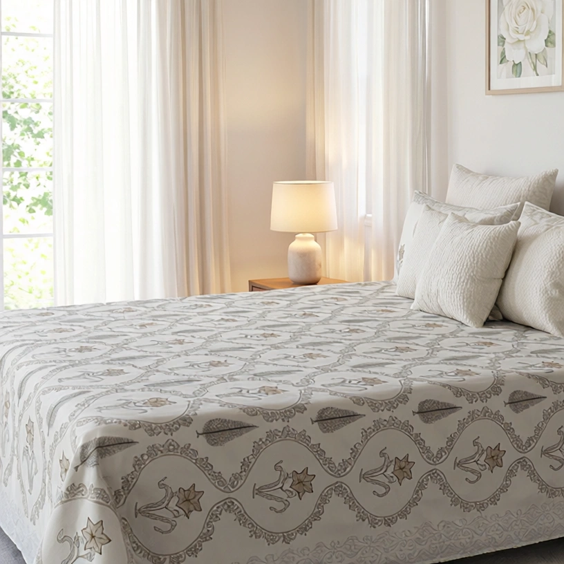 King Size Block Printed Percale Fine Cotton Bedspread with 2 Pillow Cases 200956