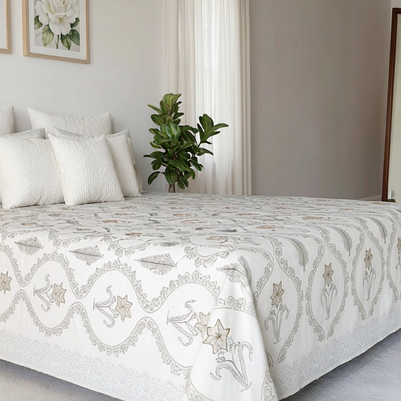 King Size Block Printed Percale Fine Cotton Bedspread with 2 Pillow Cases 200956