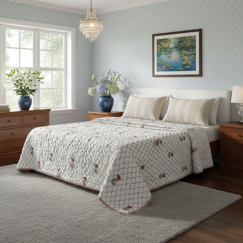 Hand Block Printed Cotton Twin Size Quilt 202214