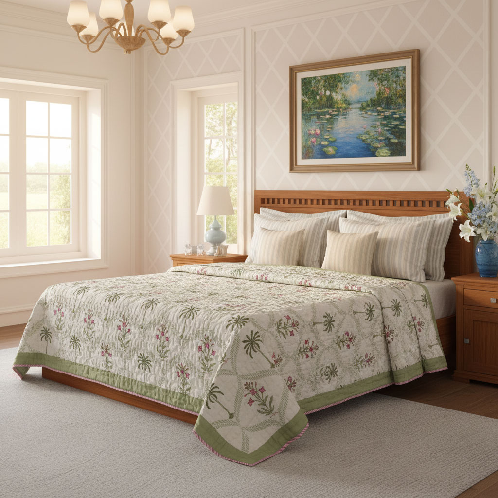 Hand Block Printed Cotton Queen Size Quilt 202305