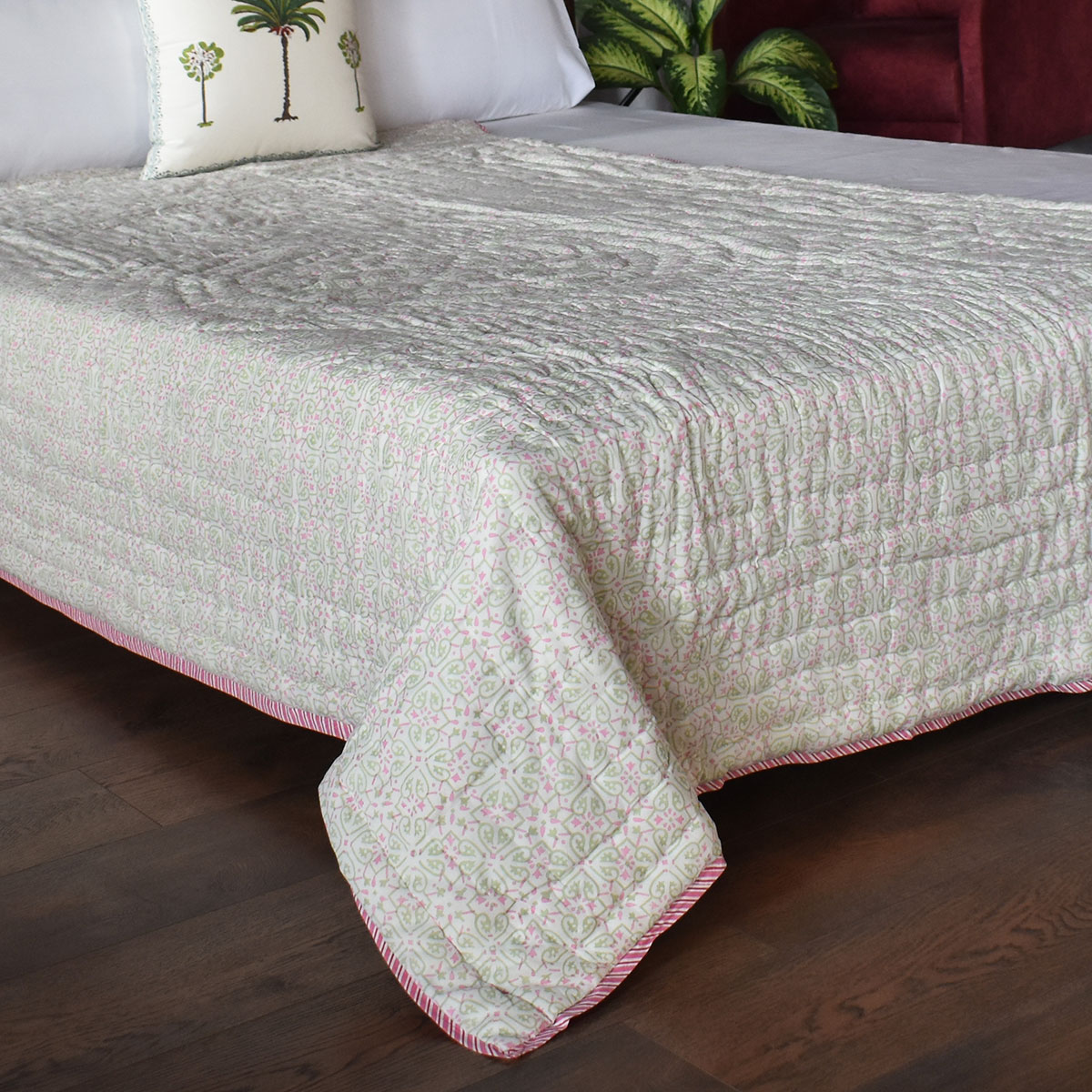Hand Block Printed Cotton Twin Size Quilt 202305