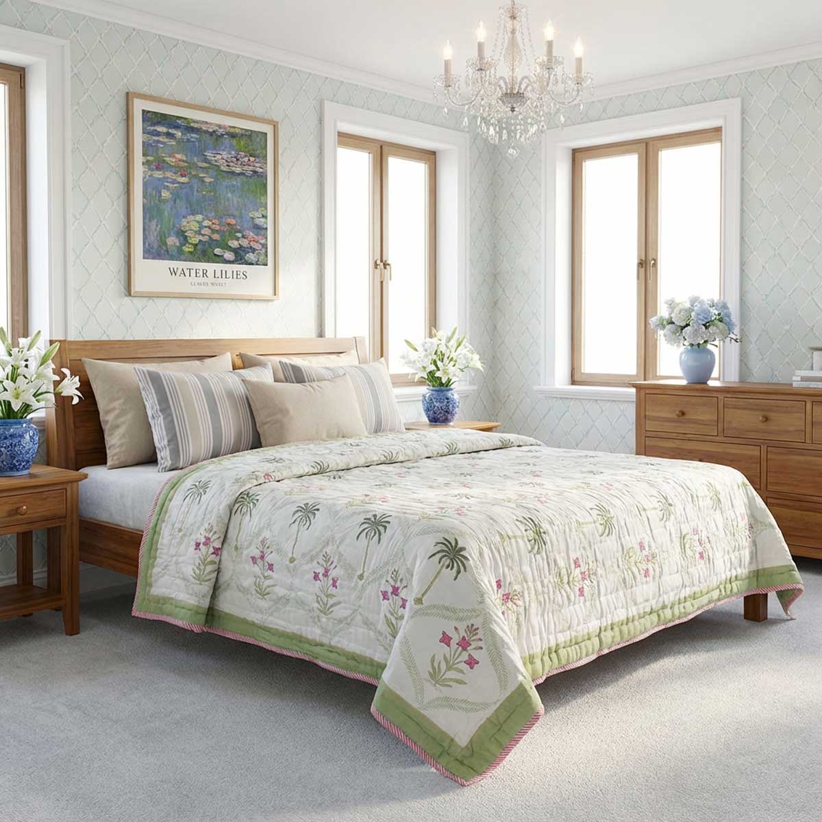 Hand Block Printed Cotton Twin Size Quilt 202305