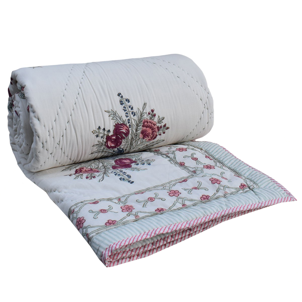 Hand Block Printed Cotton Twin Size Quilt 202413