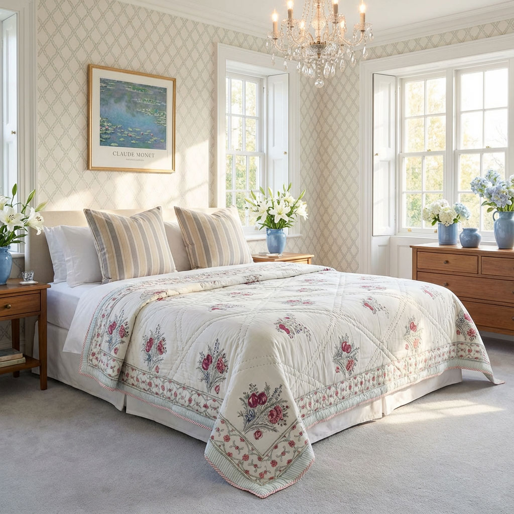 Hand Block Printed Cotton Twin Size Quilt 202413