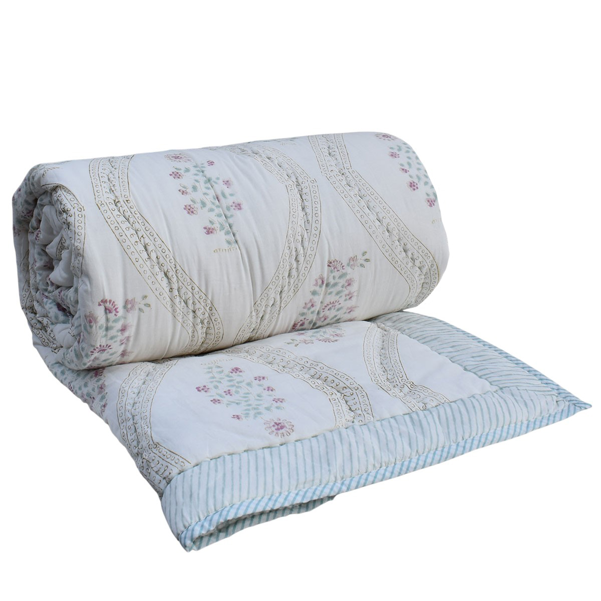 Hand Block Printed Cotton Twin Size Quilt 202414