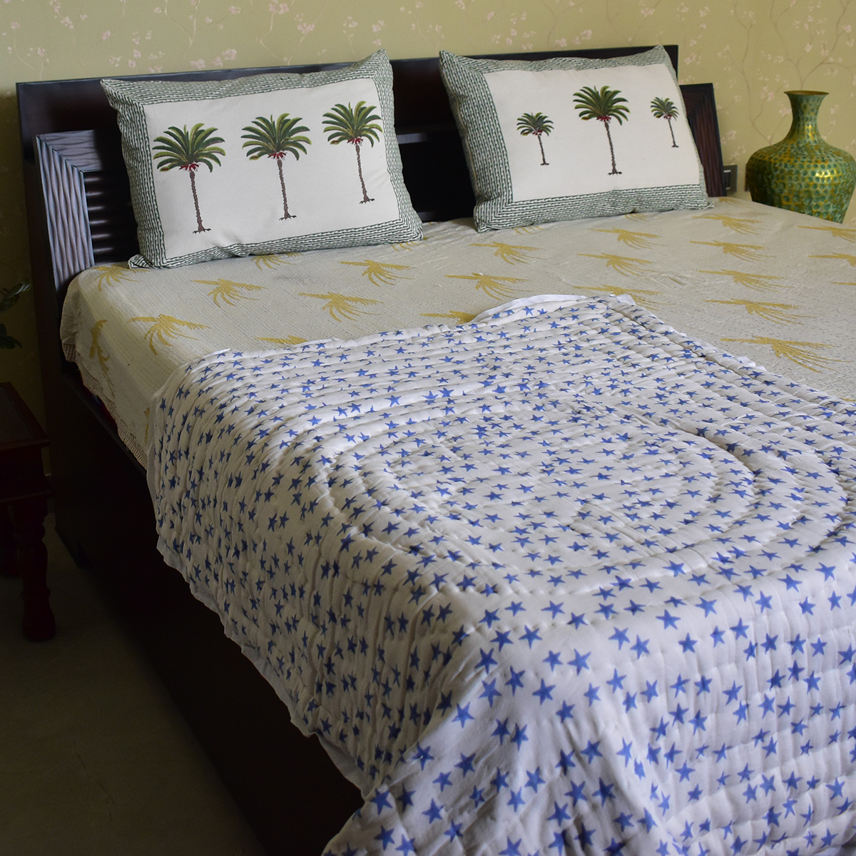 Hand Block Printed Baby Quilt Jaipur Razai  Star Blue 202509