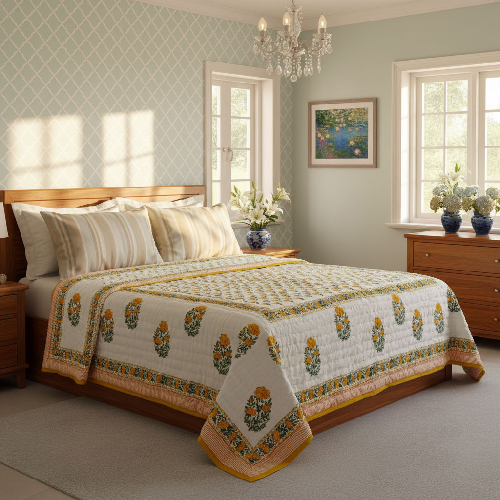 Hand Block Printed Cotton Queen Size Quilt  202525