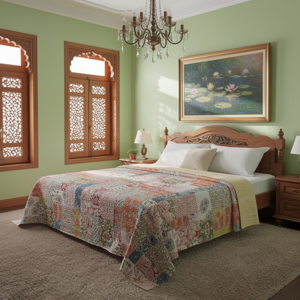 Image of Hand Quilted Kantha Patchwork Quilt – Artisan-Made Elegance by Roopantaran | 202575