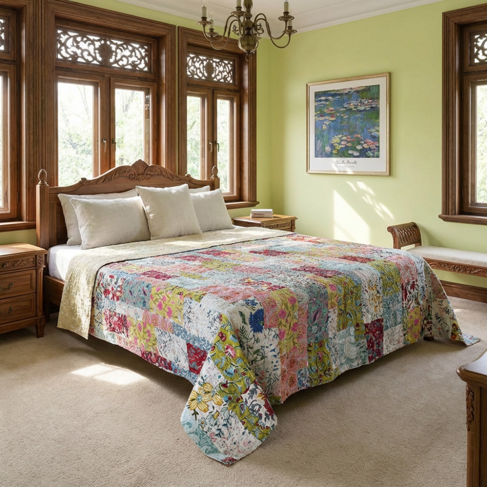 Image of Hand Quilted Kantha Patchwork Quilt – Artisan-Made Elegance by Roopantaran | 202582