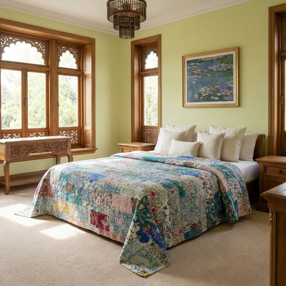 Image of Hand Quilted Kantha Patchwork Quilt – Artisan-Made Elegance by Roopantaran | 202585