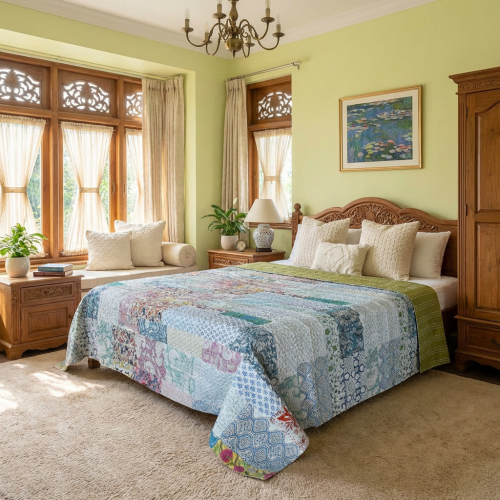 Image of Hand Quilted Kantha Patchwork Quilt – Artisan-Made Elegance by Roopantaran | 202590