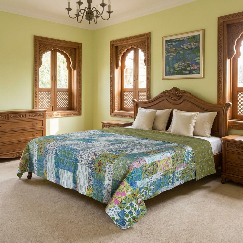 Image of Hand Quilted Kantha Patchwork Quilt – Artisan-Made Elegance by Roopantaran | 202592