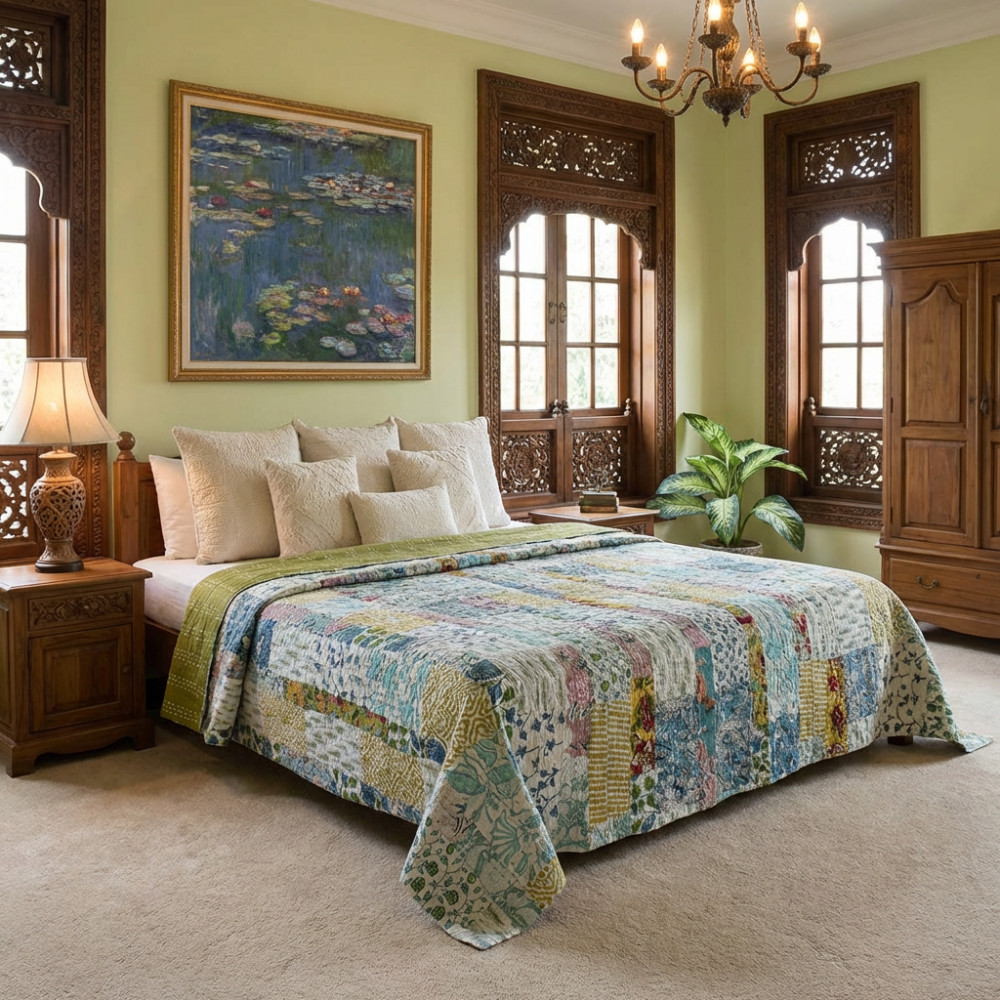 Image of Hand Quilted Kantha Patchwork Quilt – Artisan-Made Elegance by Roopantaran | 202596