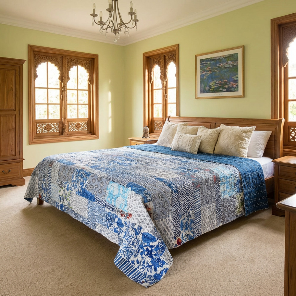 Image of Hand Quilted Kantha Patchwork Quilt – Artisan-Made Elegance by Roopantaran | 202599