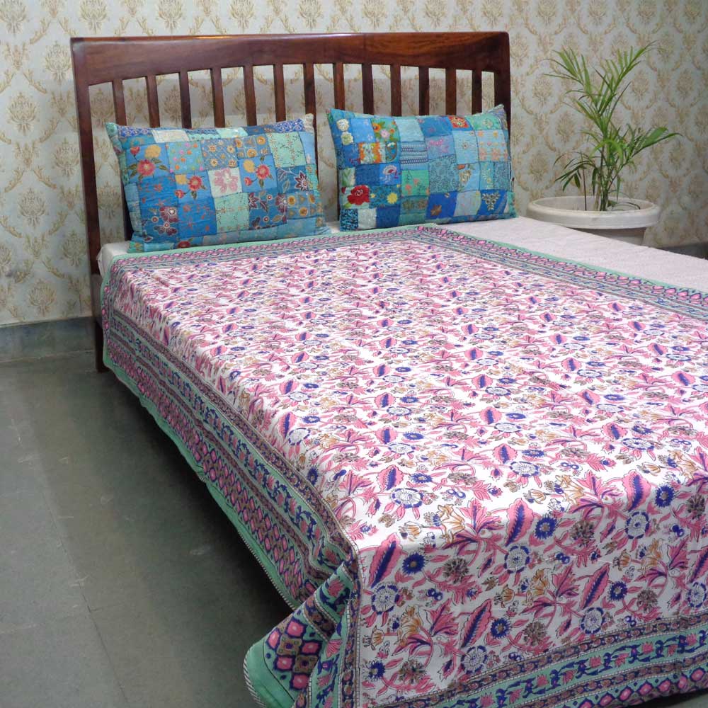 Hand Block Printed Cotton Twin Size Dohar Wild Flower Ocean 205629