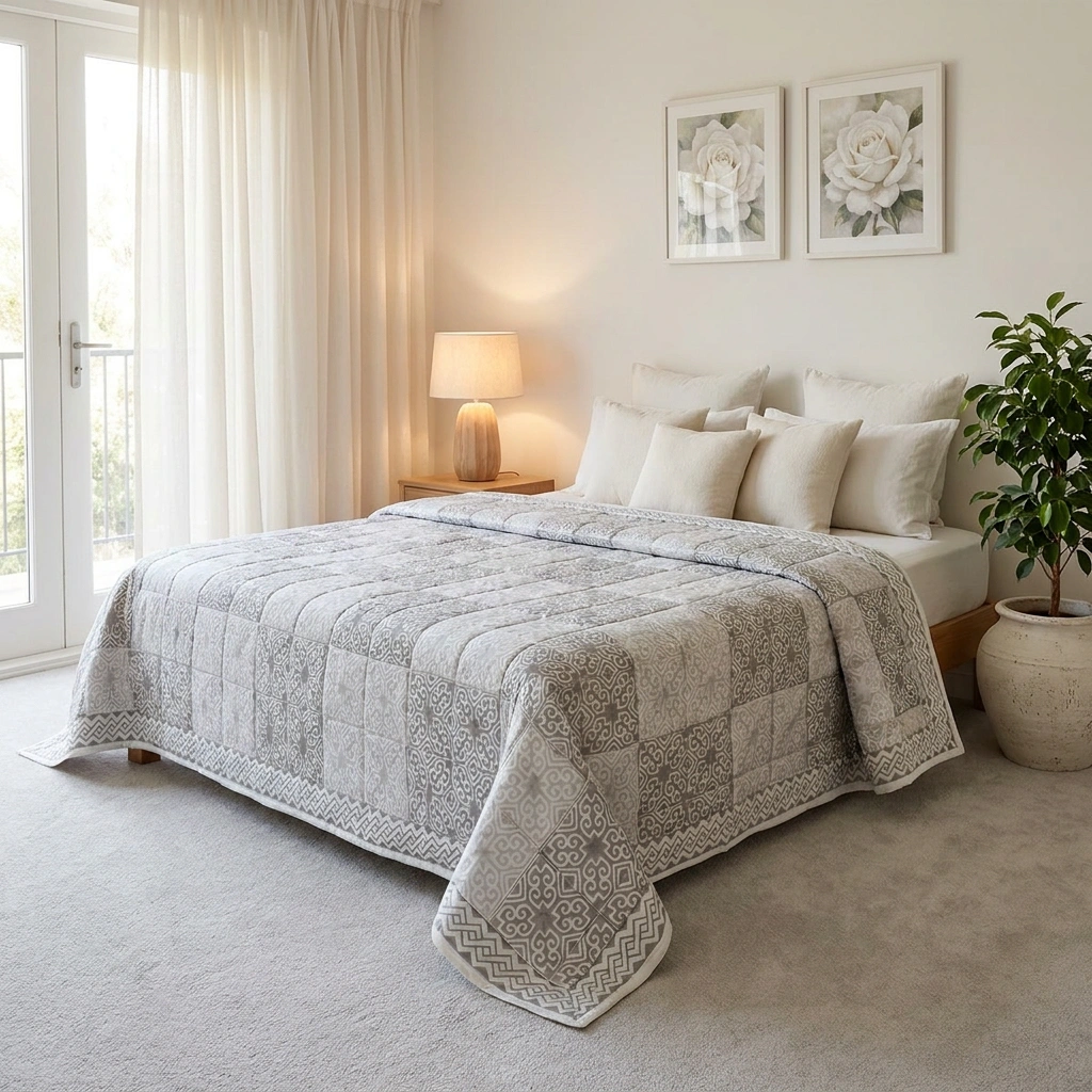 Hand Block Printed Soft Cotton Quilted Bedspread Queen Size 206457