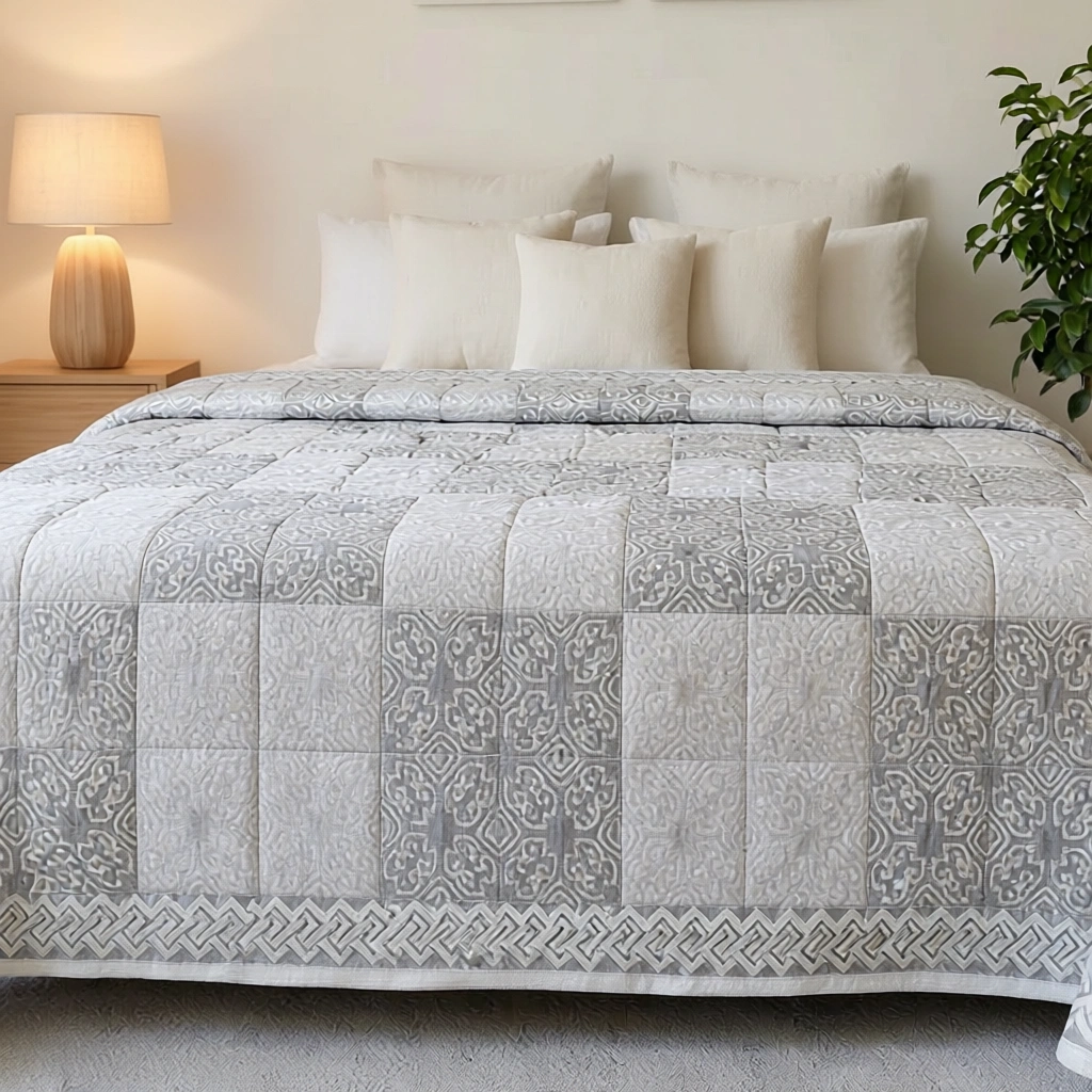 Hand Block Printed Soft Cotton Quilted Bedspread Queen Size 206457