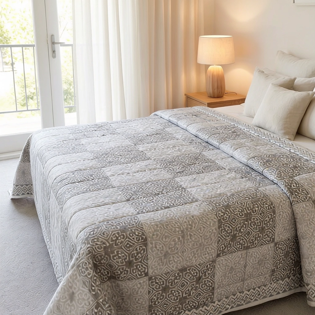 Hand Block Printed Soft Cotton Quilted Bedspread Queen Size 206457