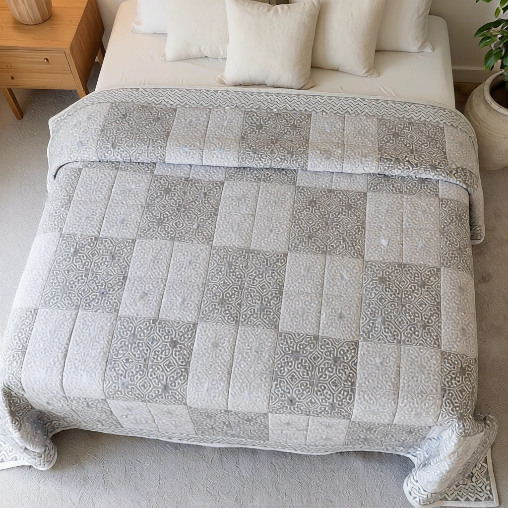Hand Block Printed Soft Cotton Quilted Bedspread Queen Size  206457