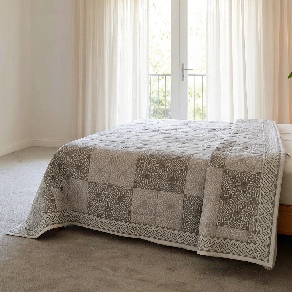 Hand Block Printed Soft Cotton Quilted Bedspread Queen Size  206457