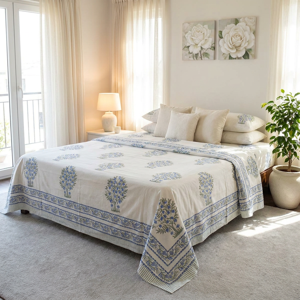 Hand Block Printed Cotton Queen Size Bedspread 208044