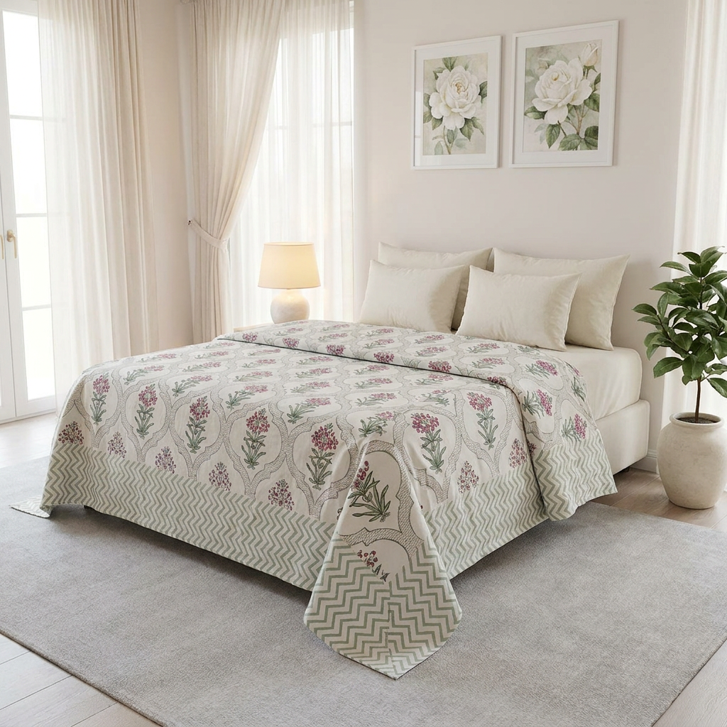 Hand Block Printed Cotton Queen Size Bedspread 208053