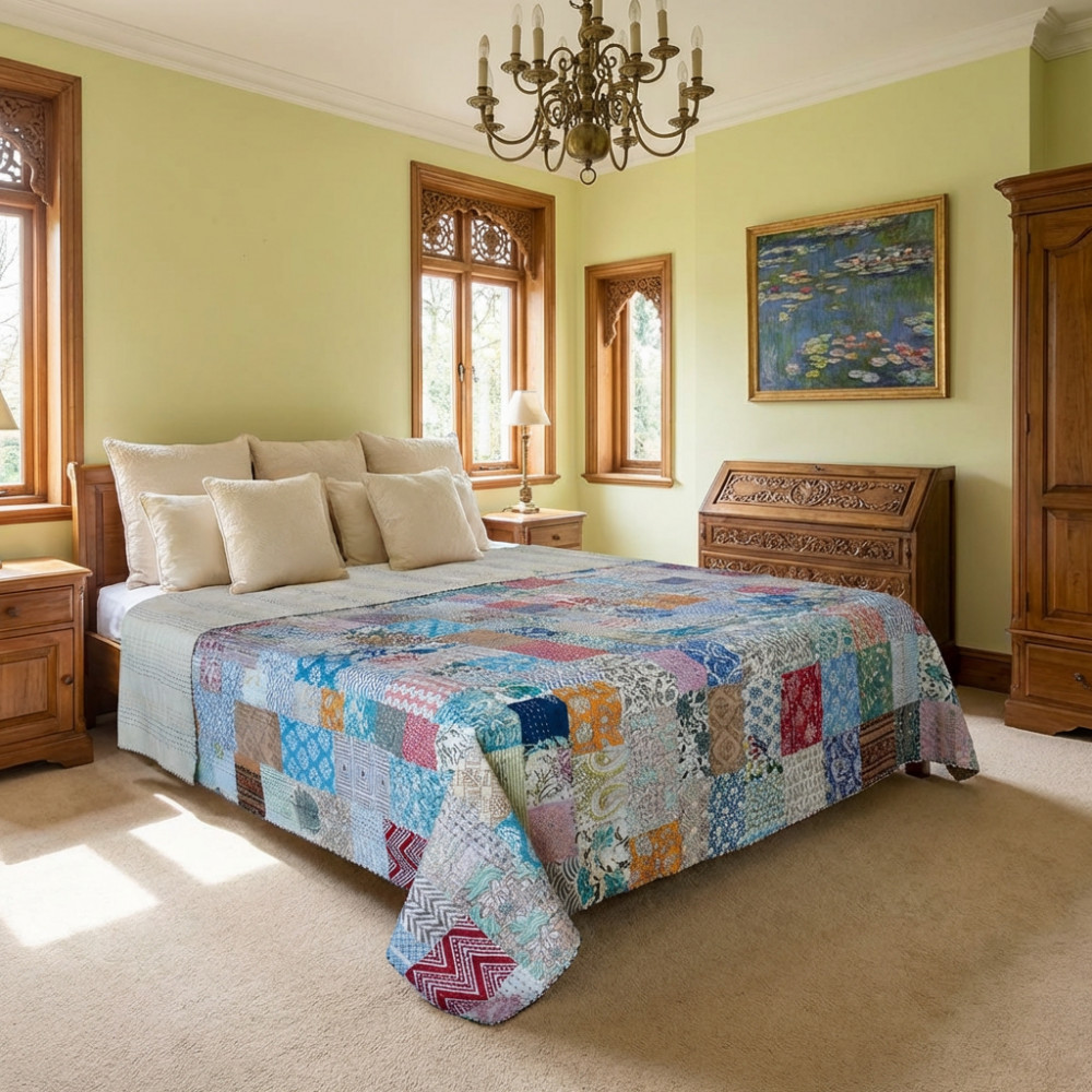 Image of Hand Quilted Kantha Patchwork Quilt – Artisan-Made Elegance by Roopantaran | 251108