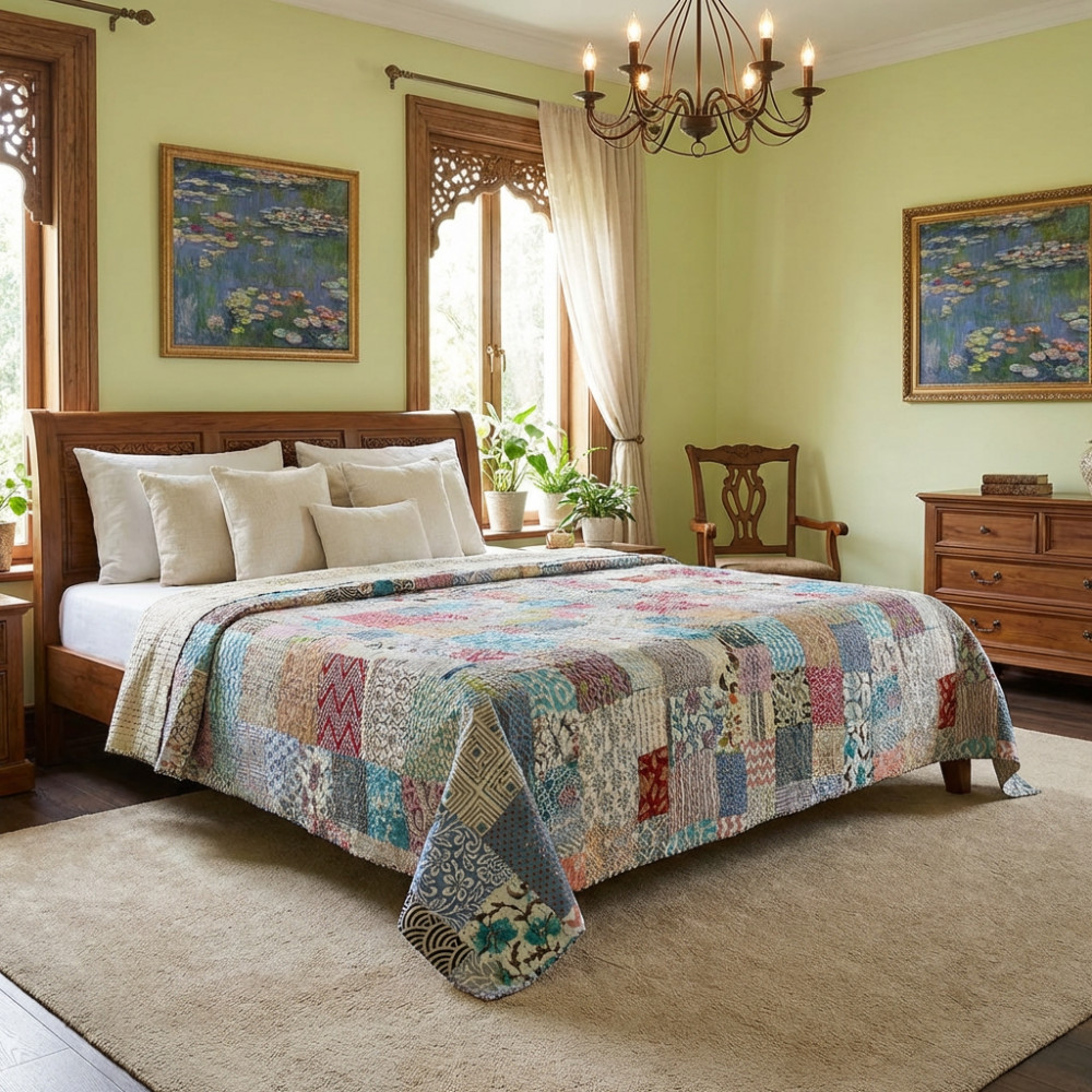 Image of Hand Quilted Kantha Patchwork Quilt – Artisan-Made Elegance by Roopantaran | 251114