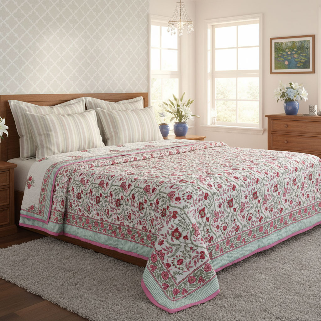 Hand Block Printed Cotton Queen Size Quilt Bale Pink Red 251212