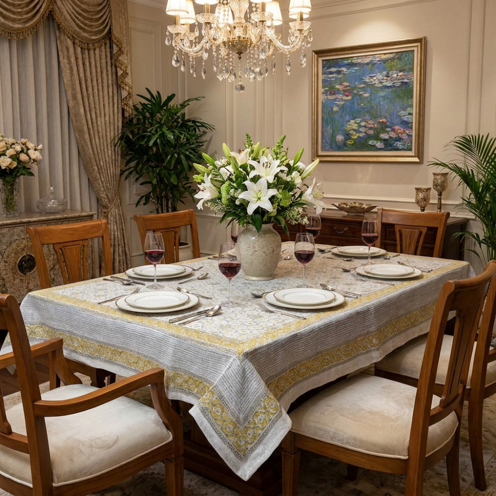 Image of Wood Block Printed Handmade Tablecloth 150x220 cms | Lin 260225