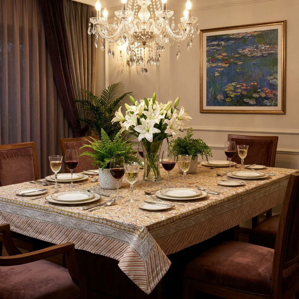 Image of Wood Block Printed Handmade Tablecloth 150x220 cms | Lin 260226