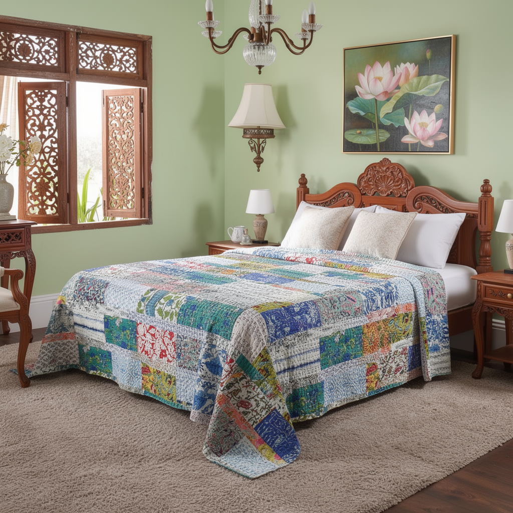 Hand Block Printed Cotton Twin Size Kantha 260321