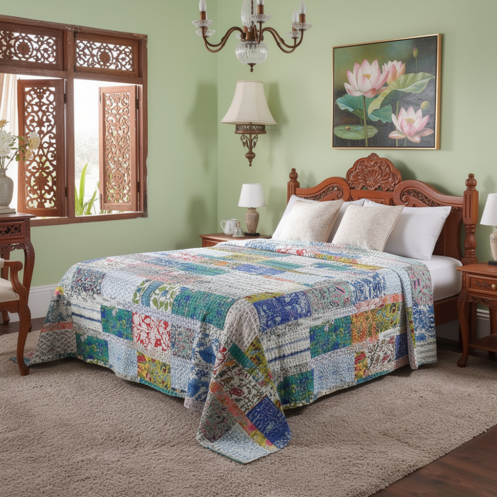 Image of Hand Block Printed Cotton Twin Size Kantha | 260321