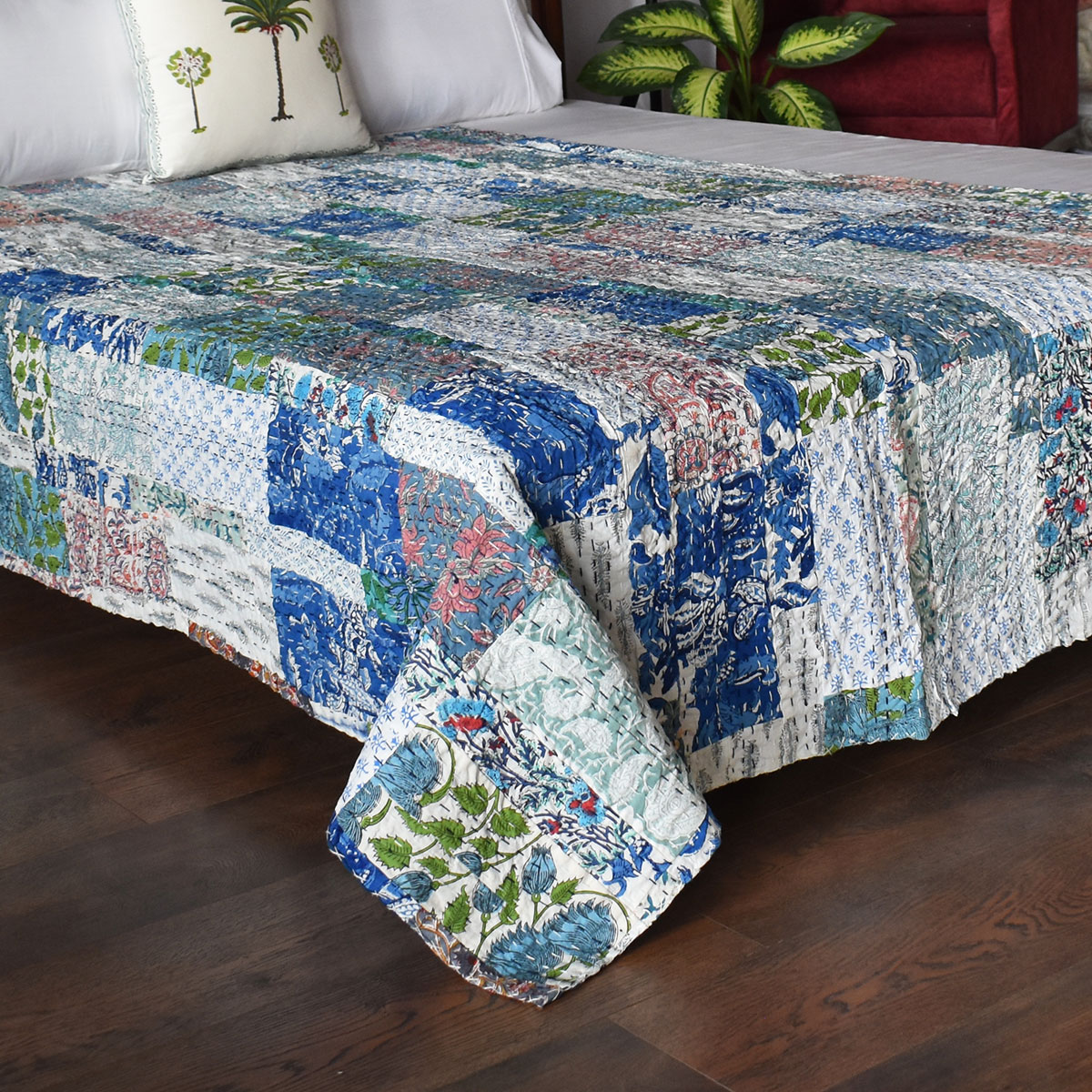 Hand Block Printed Cotton Twin Size Kantha 260322