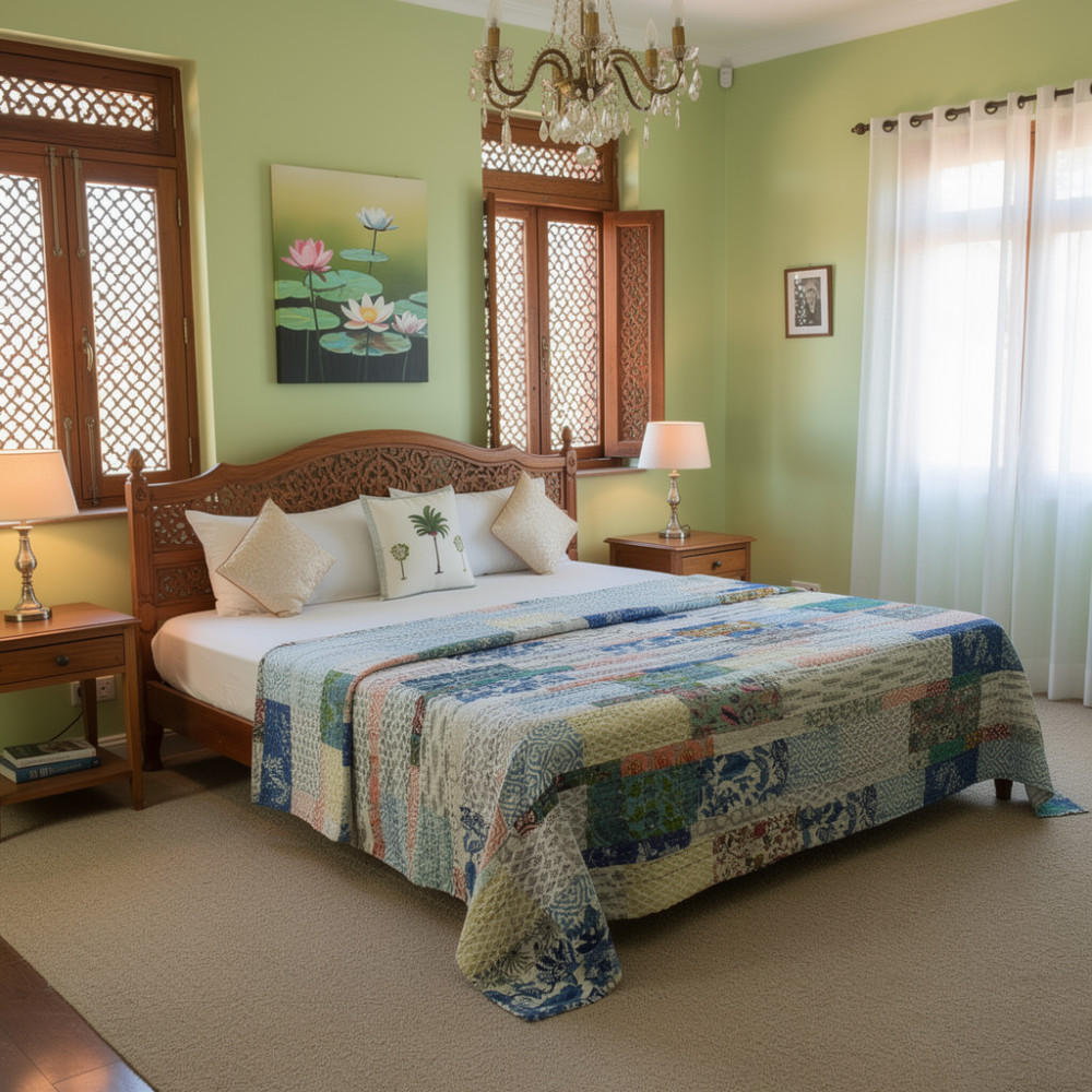 Image of Hand Block Printed Cotton Twin Size Kantha | 260324